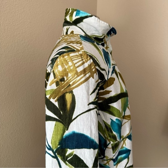 Chico's Tropical Print Linen Collar 3/4 Sleeve White Green Zip Jacket - Picture 10 of 16